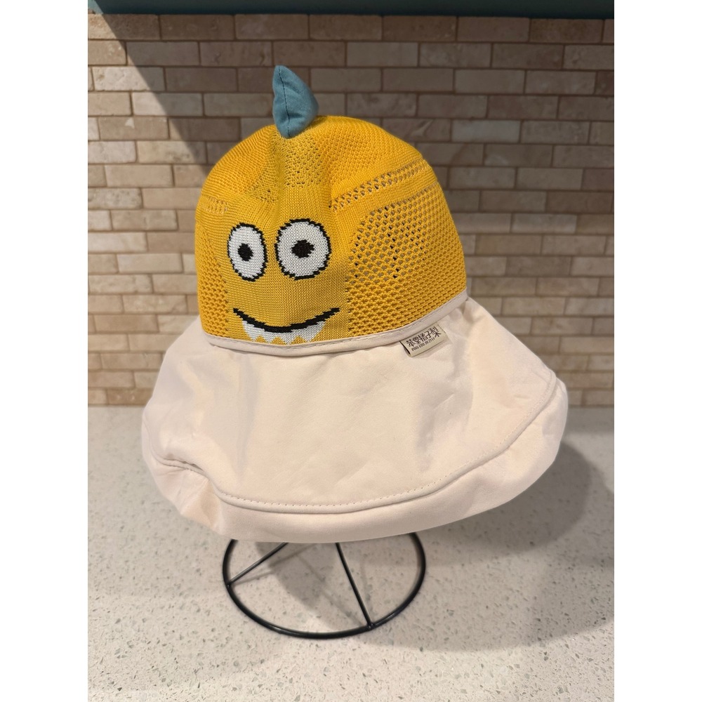 Kids Cartoon Monster Sun Bucket Hat Breathable Mesh Yellow Beige Chin Strap